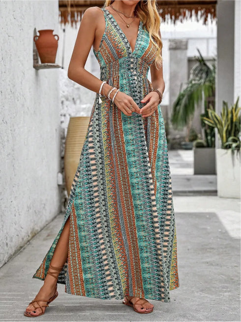 tied-back-printed-sleeveless-maxi-slit-dress OhSoStyled - Sophia's Style in Orange-Red-8